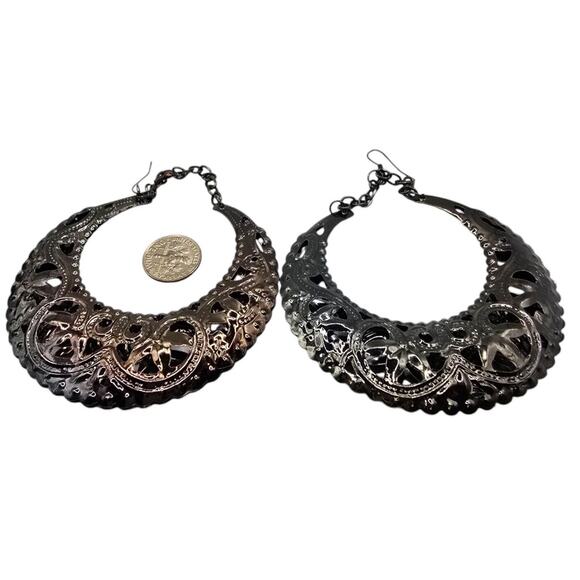 Crescent Moon Earrings Hoop Dangle Pierced Filigree Charcoal Black Statement 4" - Picture 2 of 5